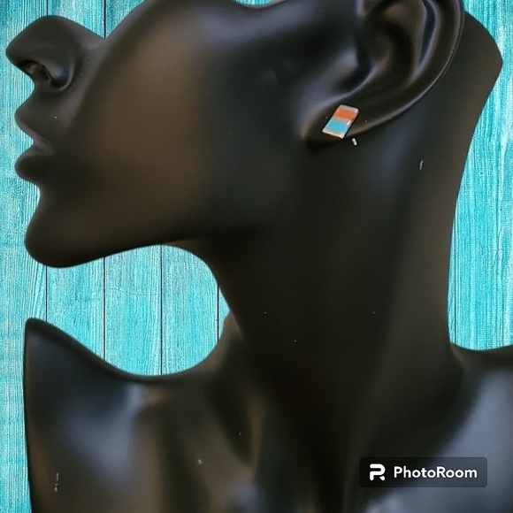 Vintage Jewelry - Dainty Sterling Silver Zuni Turquoise Coral Inlay Rectangle Post Earrings